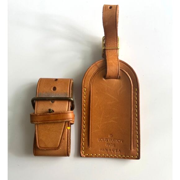 Authentic Louis‎ Vuitton Vachetta Leather Name Luggage Tag And Poignet Set SN426 - Picture 1 of 5